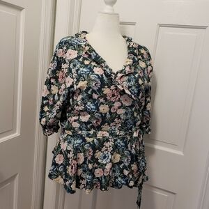 NWT LOFT Garden Floral Print Wrap Top Size XL, Victorian Feel Linen Blend